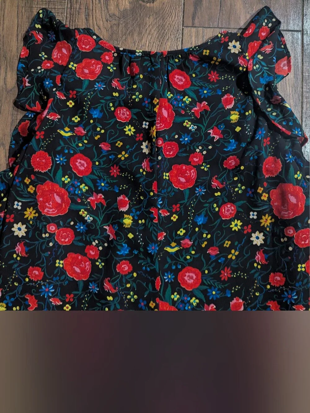 J Crew Black w/ Vibrant Red & Yellow Floral Print Flutter Mini Ruffle Dress Sz S